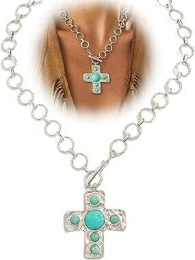 NEW Cross Chunky Western Silver Turquoise Cross Necklace Country Cowboy Cowgirl